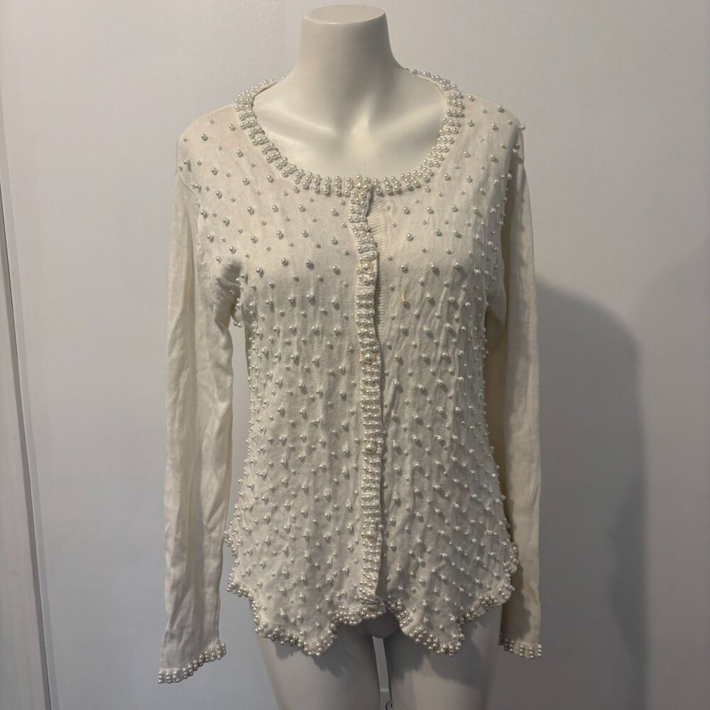 Bedford Fair Lifestyles size Medium Pearl Embellished Preppy Elegant Cardigan